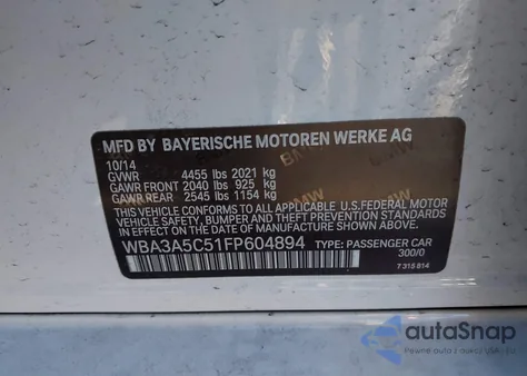 2015 BMW 328I z USA, uszkodzony, nr VIN WBA3A5C51FP604894